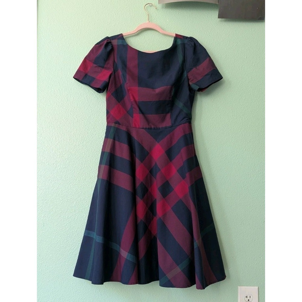 Mod Cloth Retro Fit and Flare Blue Burgundy Plaid Twee A Line Dress